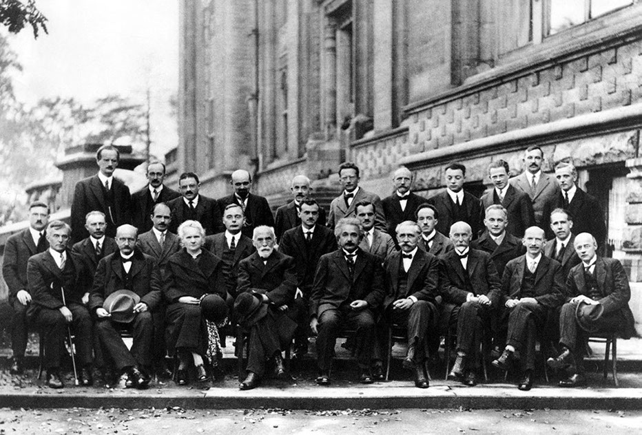 Albert Einstein and Neil Bohr at famous scientific meeting